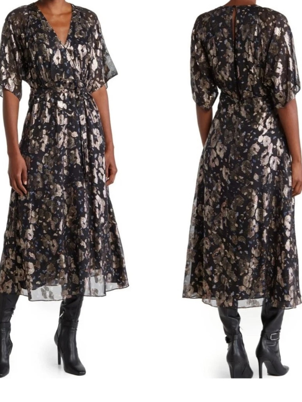 ba&sh Metallic Short Sleeve Silk Print Midi Dress $595 XS